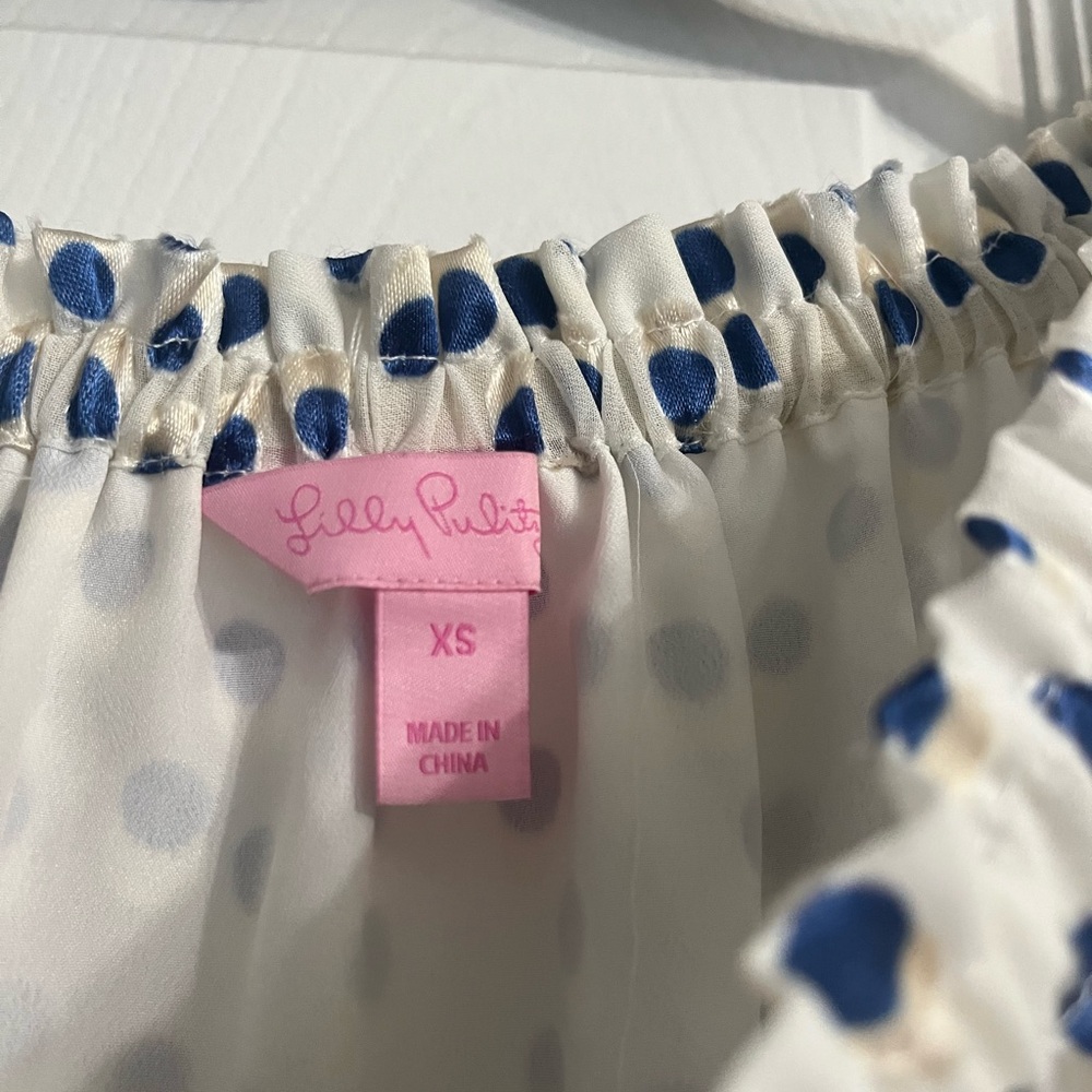 Lilly Pulitzer Lou Lou Off The Shoulder Top Bennet Blue Polka Dot Size XS - Picture 4 of 4